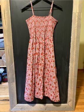 dRA Los Angeles Coral Pink Indian Block Print Smocked Midi Dress